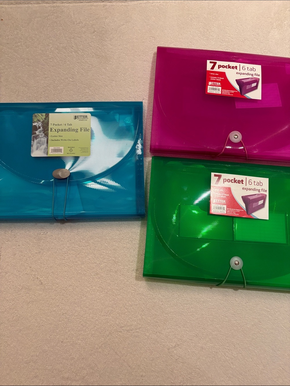 SET OF THREE 7-Pocket Expanding Files - Blue, Pink & Green NWT